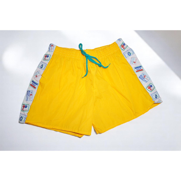 Vintage Retro Yellow Swim Trunks – Size 40 – Credit Card Print Trim – Made in It - Picture 3 of 7